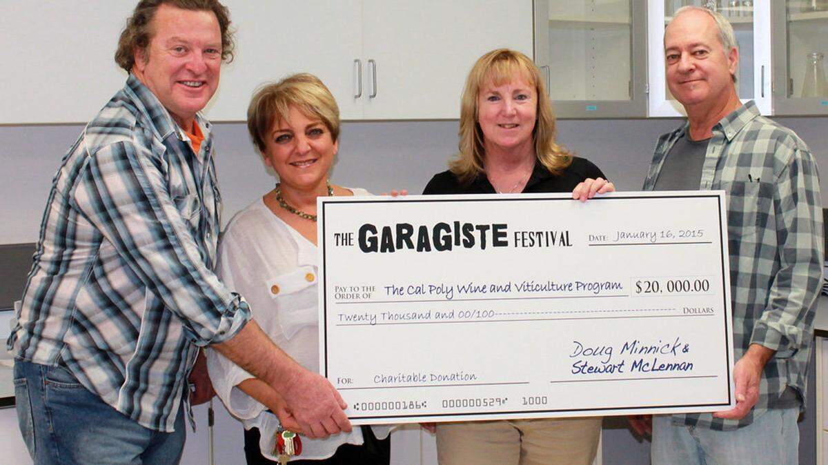 The Garagiste Festival has donated $20,000 to Cal Poly's wine and viticulture department. From left are Stewart McLennan, co-founder of the Garagiste Festival; Cal Poly wine and viticulture lecturer Shohreh S. Niku; Cal Poly wine and viticulture department head Marianne McGarry Wolf; and Garagiste Festival co-founder Doug Minnick.
