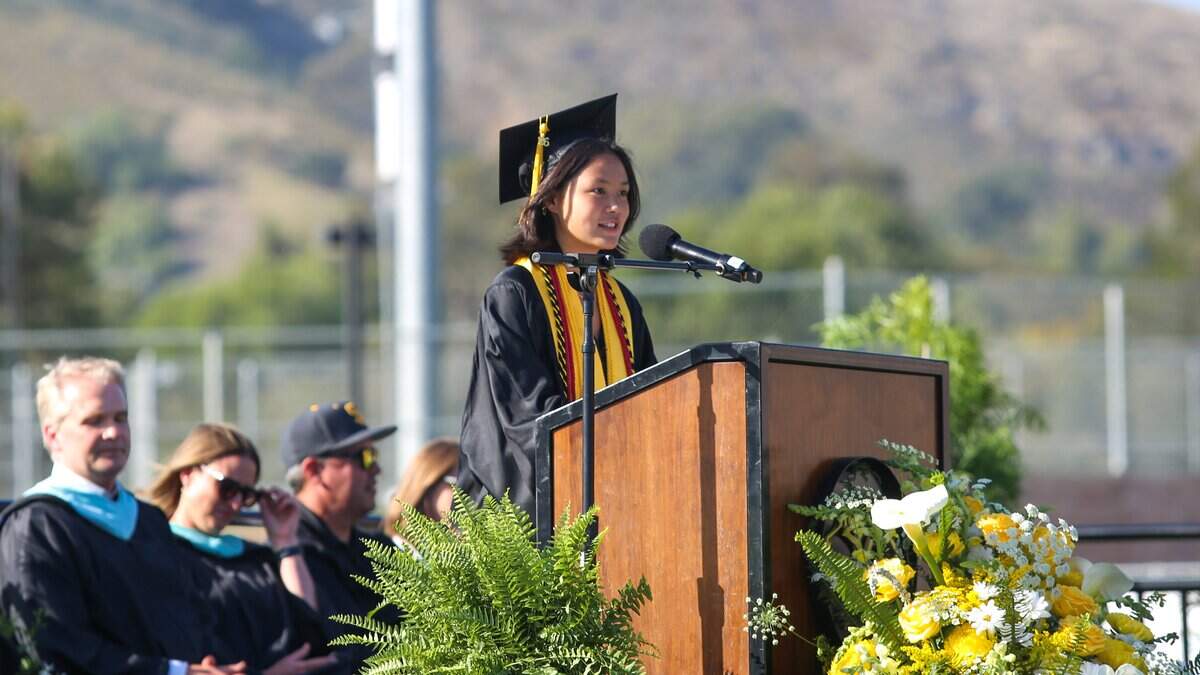 San Luis Obispo High School valedictorian Mila Shih speaks during commencement ceremonies at Holt Field on Friday, June 5, 2026. 374 seniors received their diplomas.