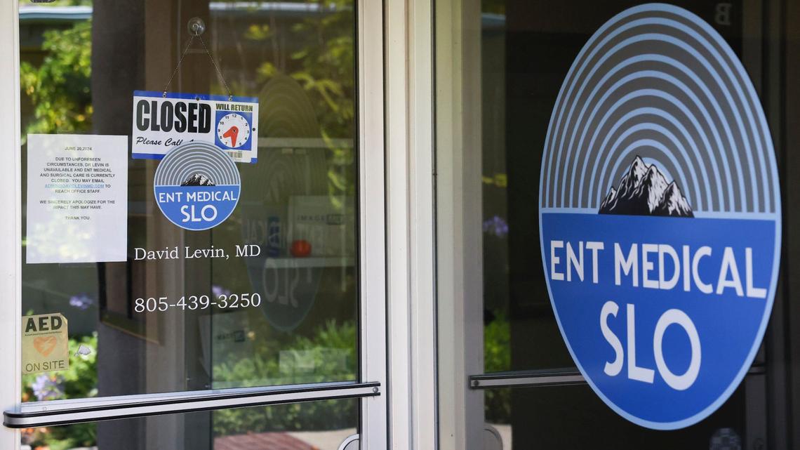 The San Luis Obispo office of Dr. David Levin on Casa Street is closed with a notice on the door seen here on July 11, 2024. He had his license suspended on June 21, 2024. According to a lawsuit filed May 27, 2024, Levin allegedly did meth in the office and sexually harassed his lead medical assistant.