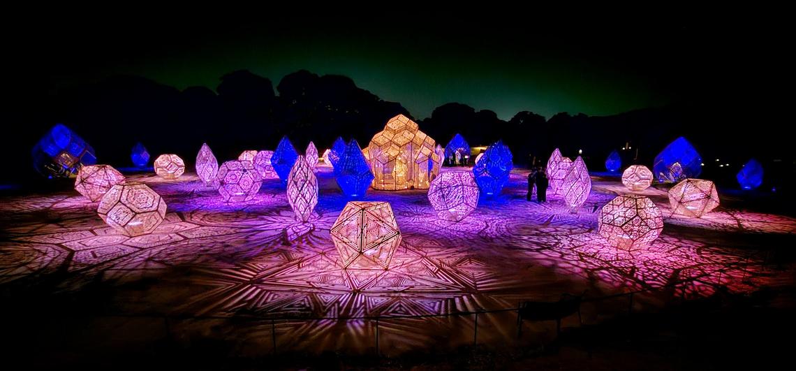 The DIMENSIONS exhibit at Sensorio in Paso Robles features a collection of illuminated geometric sculptures, seen here on May 23, 2024. It was created by the artist duo HYBYCOZO.