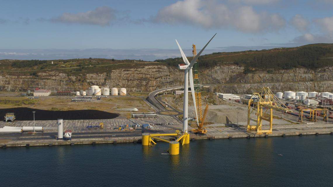 Floating wind turbines are assembled at Ocean Winds’ WindFloat Atlantic facility in Portugal.