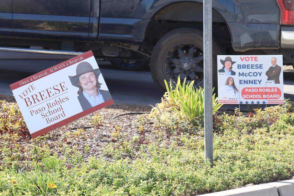 Paso Robles school board candidate Hunter Breese is registered to run under an address on Red Cloud Road in Trustee Area 3, shown here, but his family’s home is on White Tail Place in Trustee Area 5. Campaign posters sit outside of both residences.