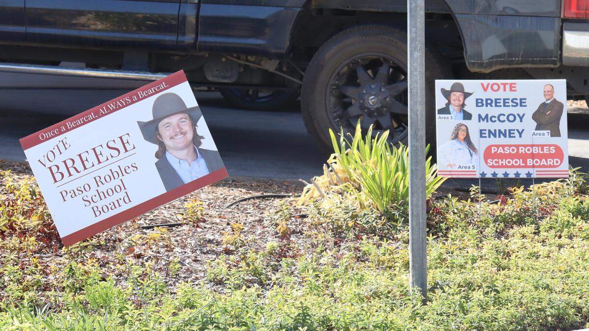 Paso Robles school board candidate Hunter Breese is registered to run under an address on Red Cloud Road in Trustee Area 3, shown here, but his family’s home is on White Tail Place in Trustee Area 5. Campaign posters sit outside of both residences.