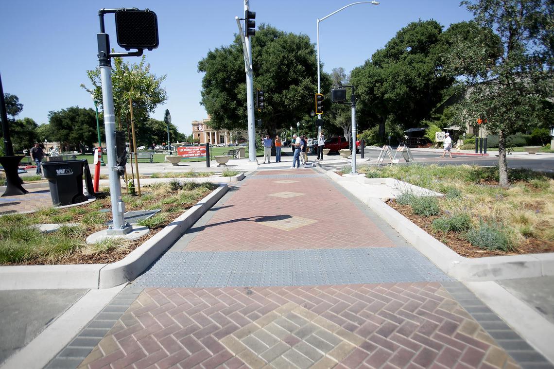 The newly renovating crosswalk at East Mall and El Camino Real emulates the design and pattern of Atascadero City Hall. Atascadero held a block party on June 27, 2025, to celebrate its completed downtown makeover on El Camino Real featuring new parking, lights and greenery.