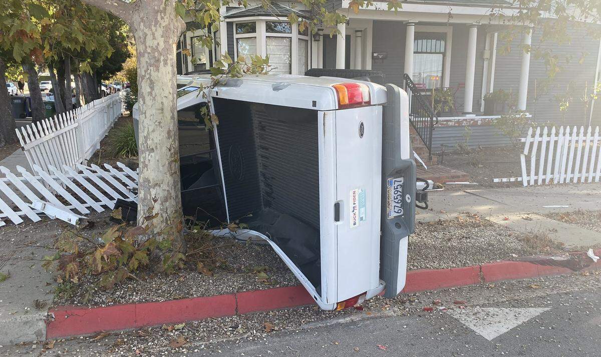 A pickup truck crashed into a tree on Broad Street and Upham in San Luis Obispo on Nov. 14, 2023.