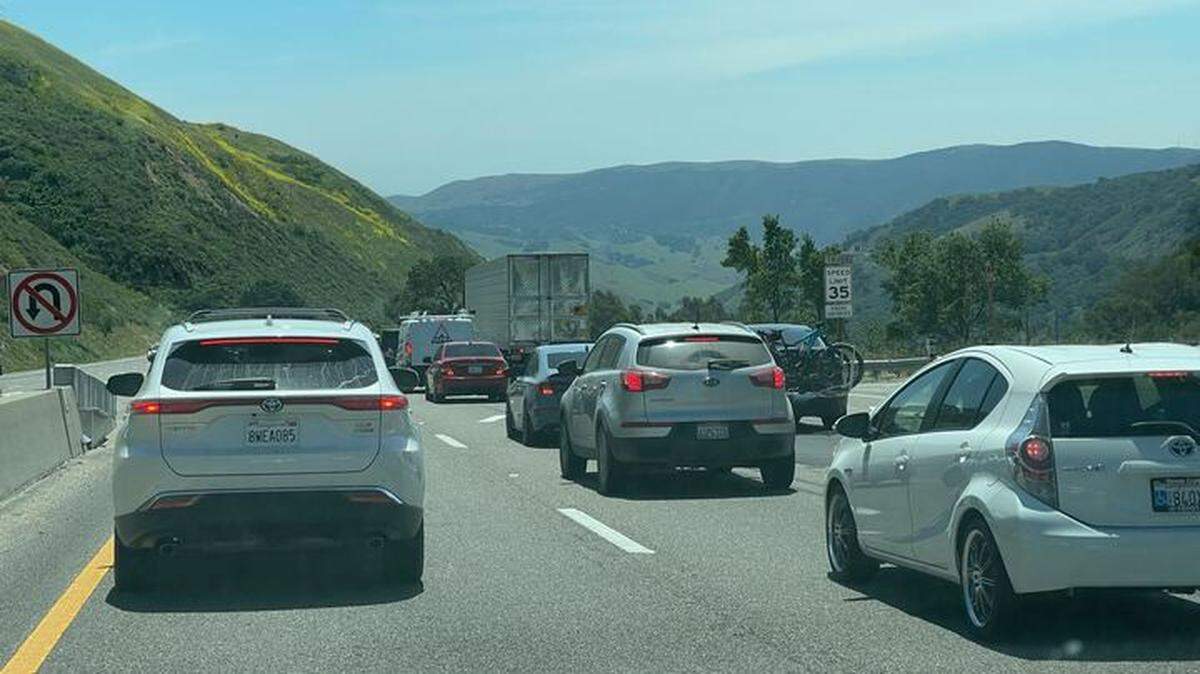 Southbound traffic on the Cuesta Grade slowed to a halt Friday on the final day of vegetation clearing.