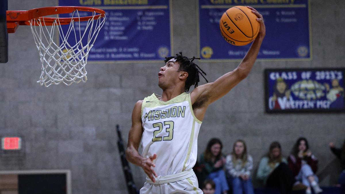 Jamar Howard completes a windmill dunk as the Mission Prep basketball team beat Atascadero 72-31 on Jan. 6, 2023.
