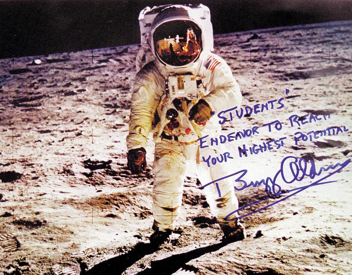 Handout photo for students at Arroyo Grande High School during a visit April 6, 2021. It documents when Buzz Aldrin was the second man on the moon in July 1969.