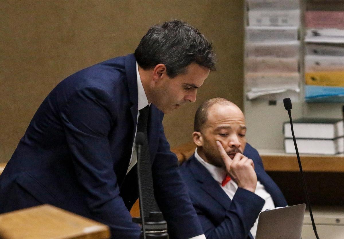 Tyrone Anderson, right, listens to attorney Patrick Fisher cross-examine a witness in Anderson’s trial for assault and kidnapping with intent to commit rape in San Luis Obispo Superior Court on Wednesday, March 11, 2020.