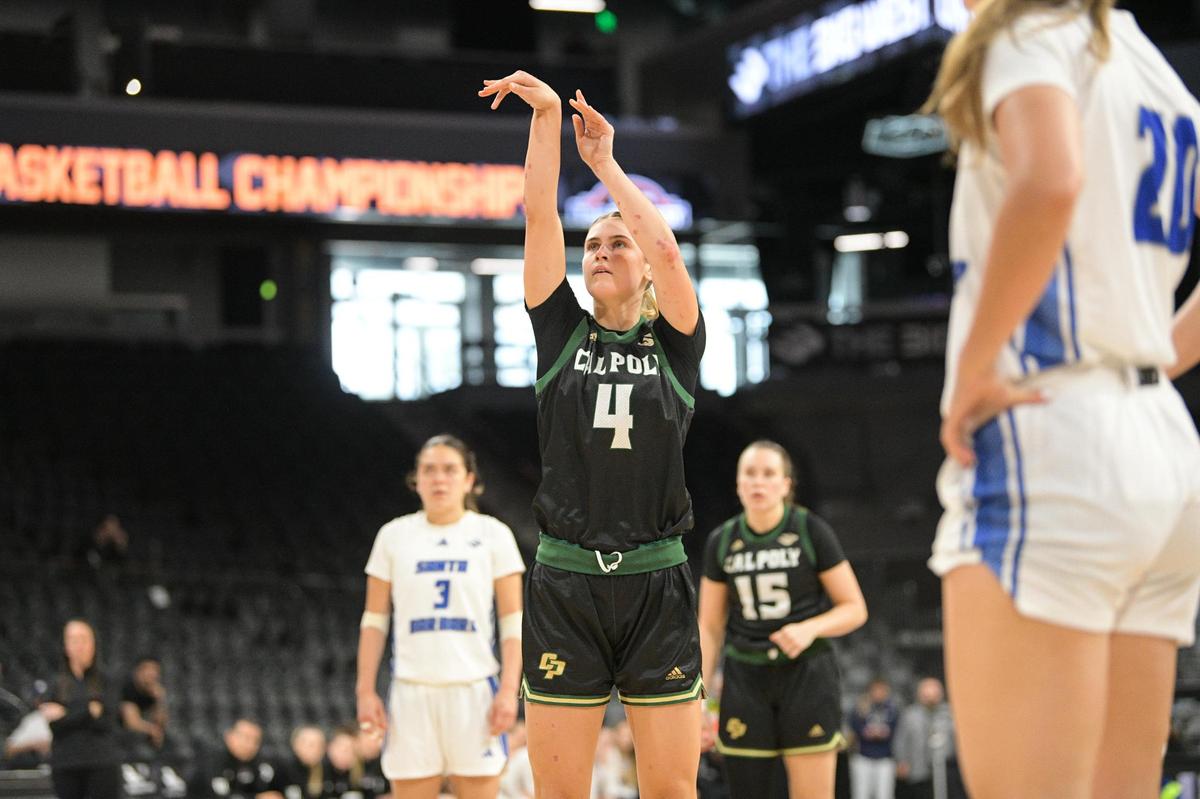 Sierra Lichtie takes a shot as the Cal Poly women’s basketball team beat UC Santa Barbara 56-54 on the first day of the Big West Championship tournament, March 12, 2025.