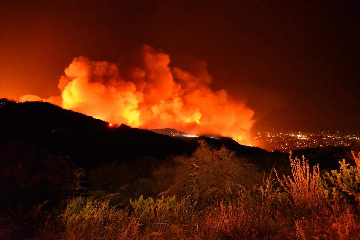 The Cave Fire is burning in the Los Padres National Forest on East Camino Cielo near Painted Cave