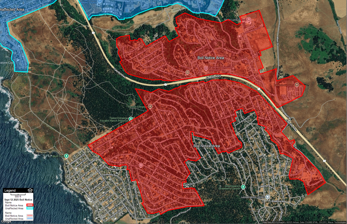 A boil water notice was issued for areas of Cambria on Sept. 12, 2025. The affected areas were indicated in red on the map, while the blue areas were unaffected.