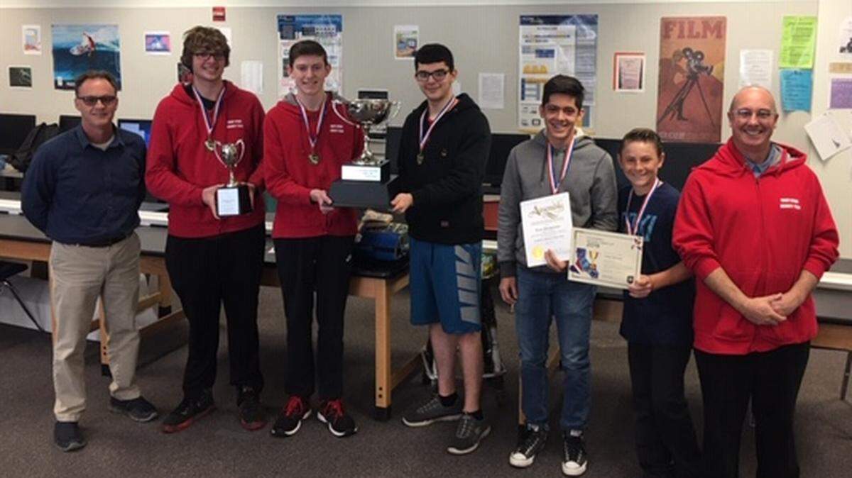 The Coast Union High School cybersecurity team receives awards from winning the California Mayors Cyber Cup. From left: Ayen Johnson, Jonathan Jewel, Trent Ferguson, Fernando Sepulveda, Luis Plascencia, Caiden Kennedy and Henry Danielson.