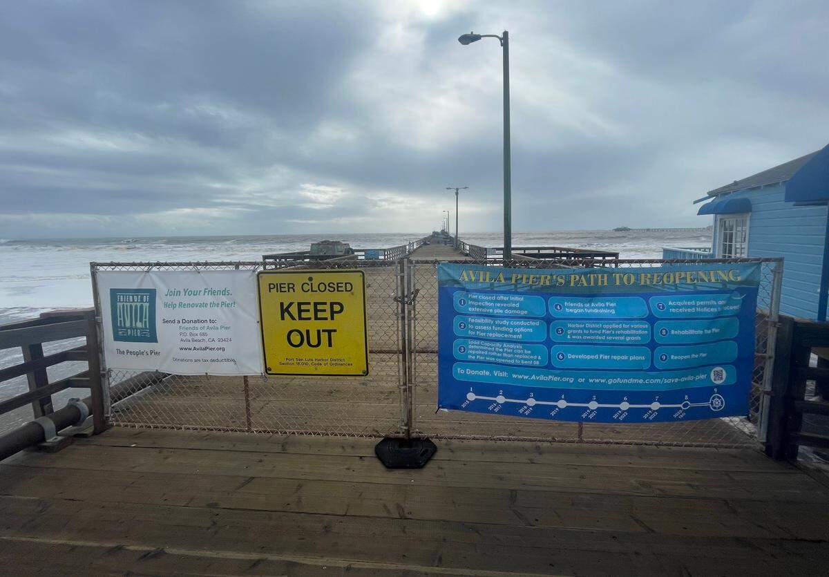 A strong winter storm damaged the Avila Beach pier on Jan. 5, 2023. The pier was closed.