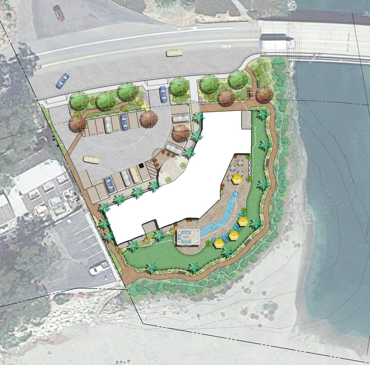A boutique resort hotel proposed in Cayucos would be located just north of the creek looking toward the pier.