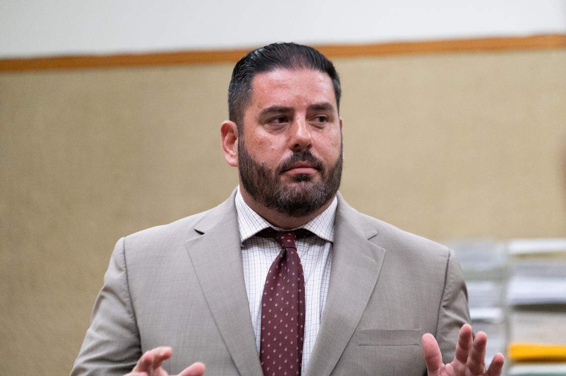 Defense attorney Andrew Jennings gives opening statements to the jury hearing the case against his client, Tremaine Jones, in San Luis Obispo Superior Court on June 17, 2025. Jones and his co-defendants, Joshua Murphy and Heather Hunt, are accused of conspiring together and sex trafficking a 15-year-old girl. 