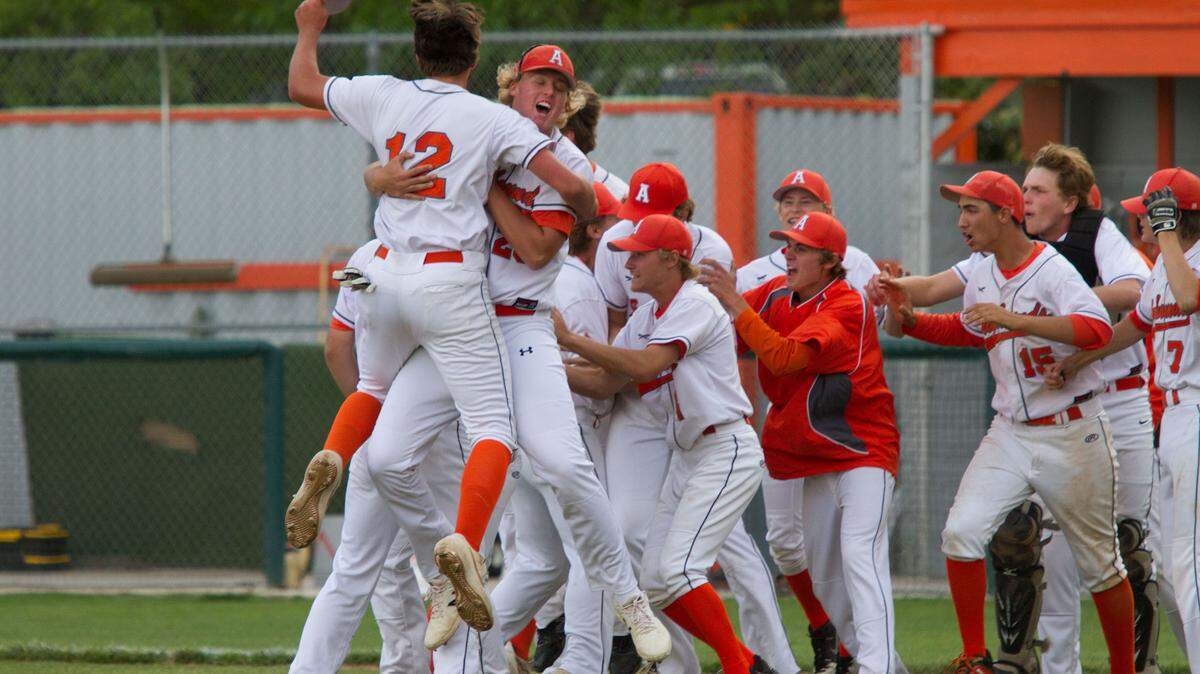 The Atascadero High School baseball team celebrates their 4-3 CIF-Central Section Division 3 semifinal win over Templeton on Wednesday.