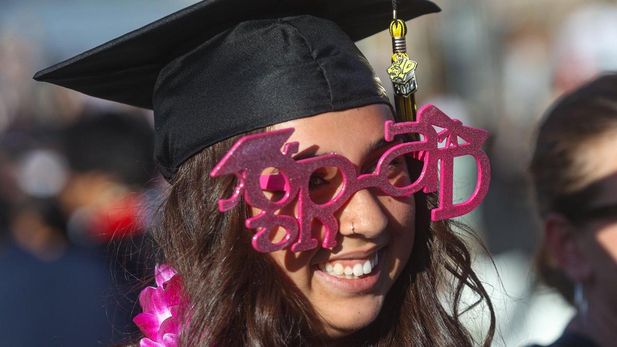 Anessa Alvarado wears grad glasses. San Luis Obispo High School held graduation ceremony at the football stadium June 10, 2022.