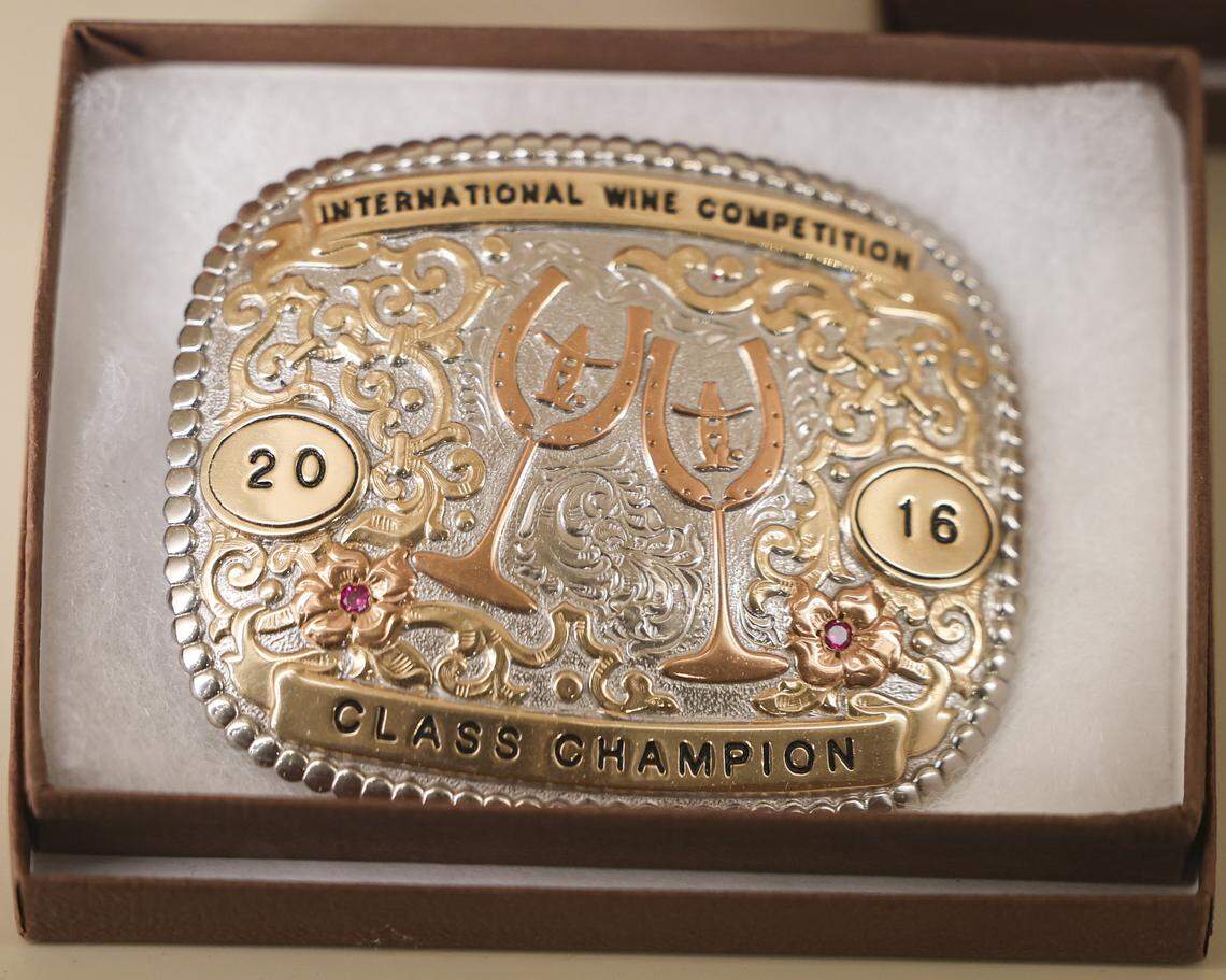 When J. Lohr established operations in Paso Robles they were the 17th winery in the region and have gone on to win awards including this one held in Texas displayed in their tasting room, seen here on Nov. 6, 2025.