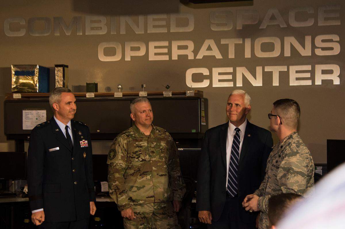 Vice President Mike Pence tours the Combined Space Operations Center July 10, 2019, at Vandenberg Air Force Base, Calif. While at the CSpOC, Pence met with base leadership and received briefings on the evolution of launch operations at the Western Range and CSpOC operations, which concluded with an all-call to the service men and women of Vandenberg AFB.