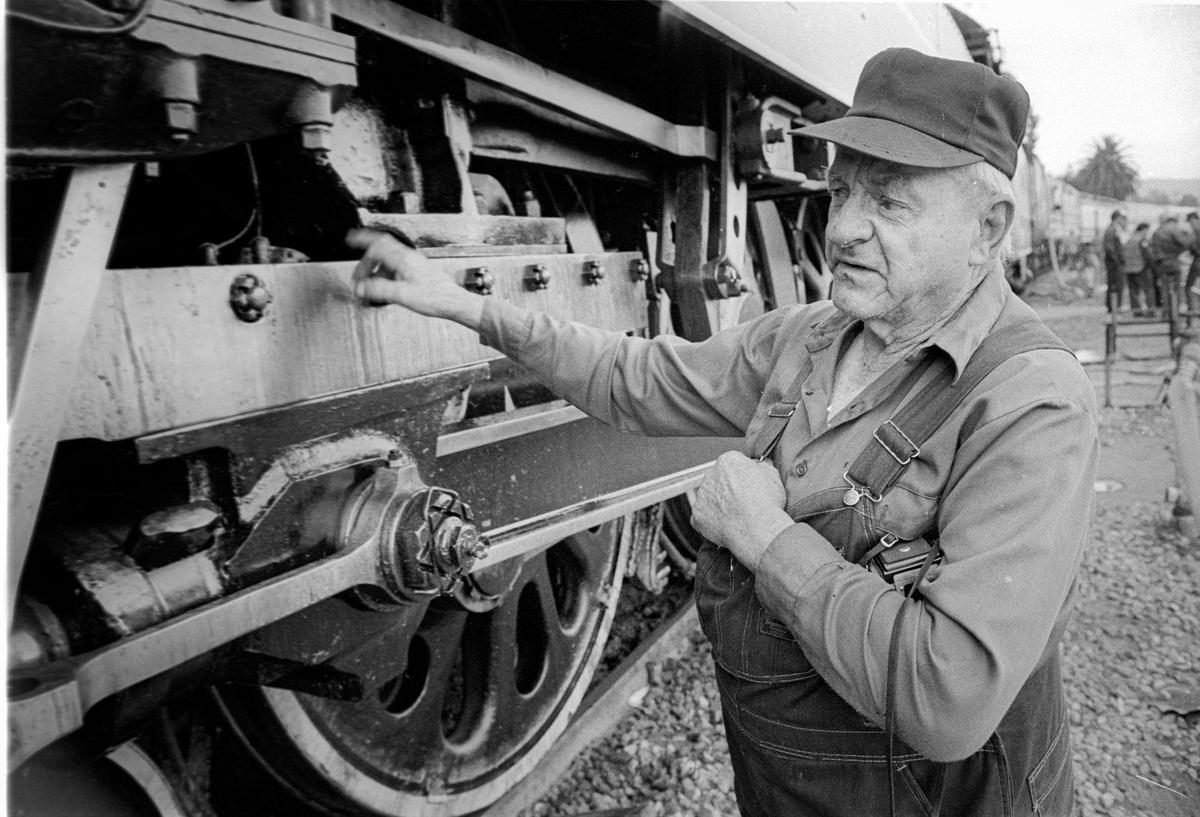 Leo Studle of San Luis Obispo recalls his train days in San Luis Obispo during the mid-1920s. The historic Southern Pacific steam locomotive that pulled the Freedom Train stopped in San Luis Obispo on April 26, 1977.