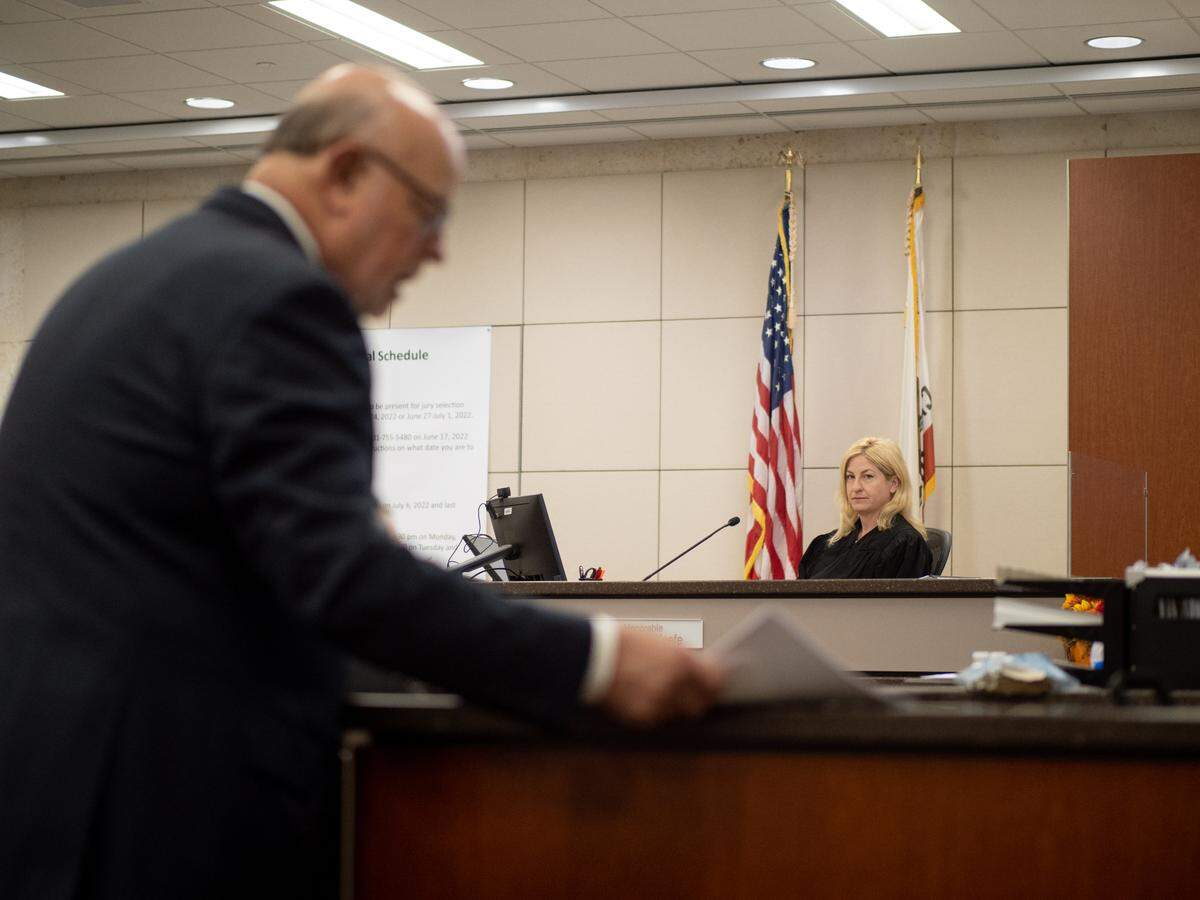 Judge Jennifer O’Keefe listens as Paul Flores’ defense attorney Robert Sanger talks during the Kristin Smart murder trial on Sept. 22, 2022, at the Monterey County Courthouse in Salinas.