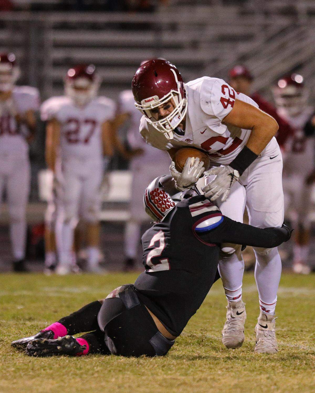 Jaden Windham tackles Bastiaan Jaureguy. Nipomo hosted Paso Robles in a Mountain League football match up.