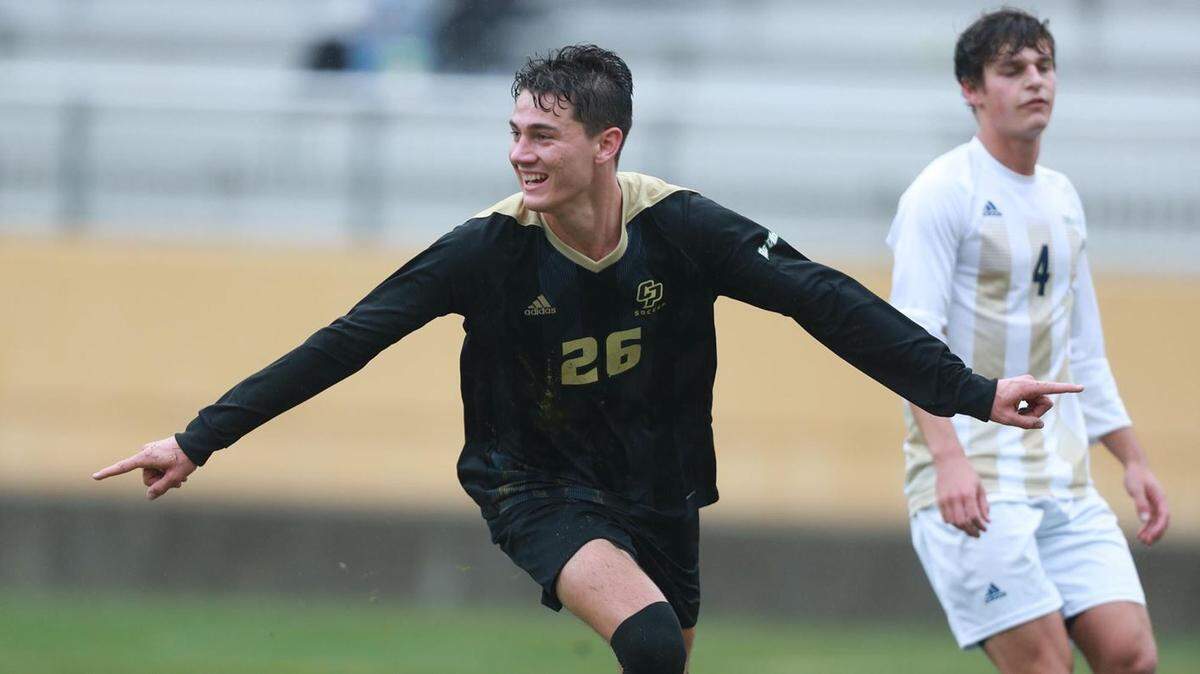 Drew Patterson (26) scored his first collegiate goal to hand Cal Poly a 3-2 victory over UC Davis men’s soccer at Alex G. Spanos Stadium on Oct. 24.