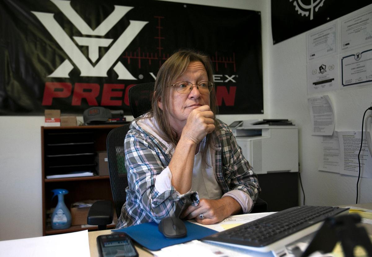 Julia Soto, general manager of SLO Sportsmen’s Association, sits in an office at the San Luis Obispo shooting range on Sept. 4, 2024.