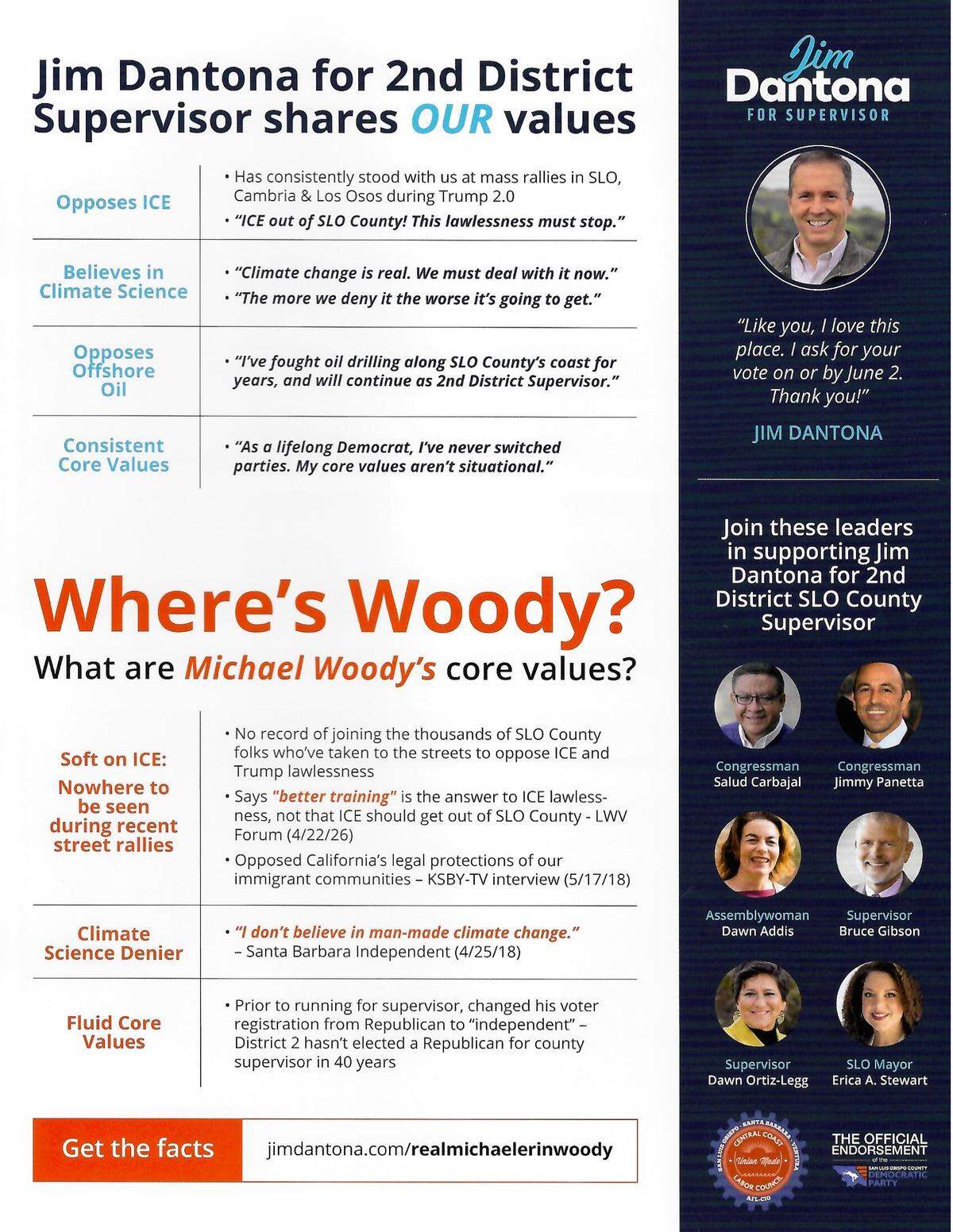 Jim Dantona’s campaign recently issued a campaign flyer comparing his core values in direct opposition to opponent Michael Erin Woody.