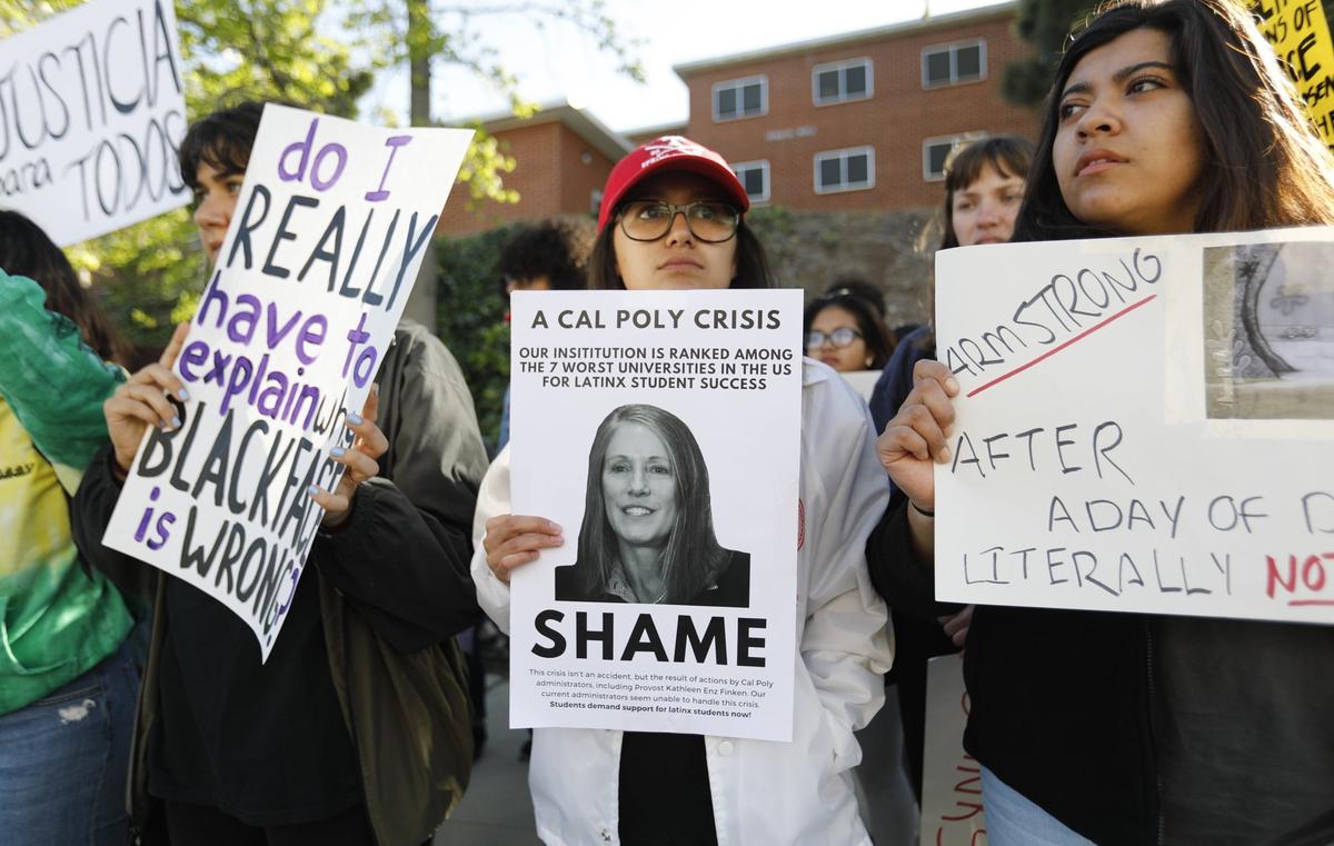 Students marched around campus Friday at the Cal Poly Open House Day of Action protest in response to the fraternity blackface/gangster photos. Students began marching from the parking lot at Slack Street and walked through campus, stopping at the University Union Plaza and the Recreation Center.