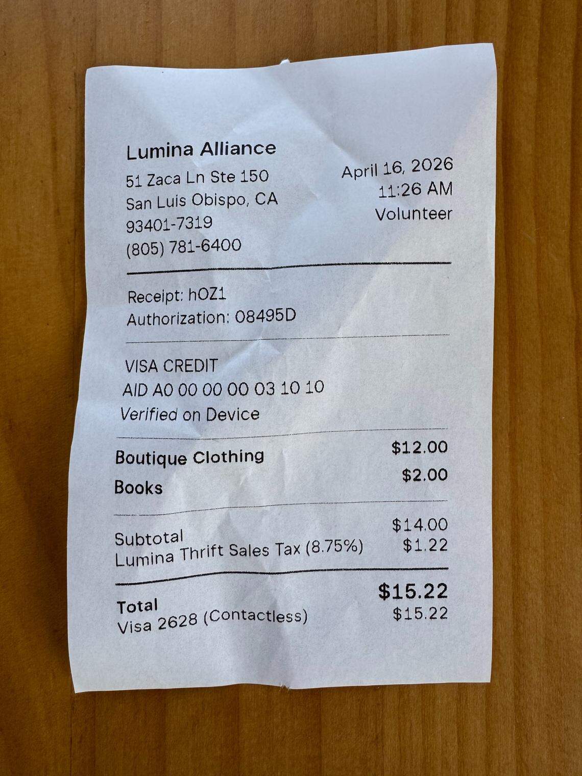 Tribune reporter Hannah Poukish’s receipt from Lumina Thrift on April 16, 2026.