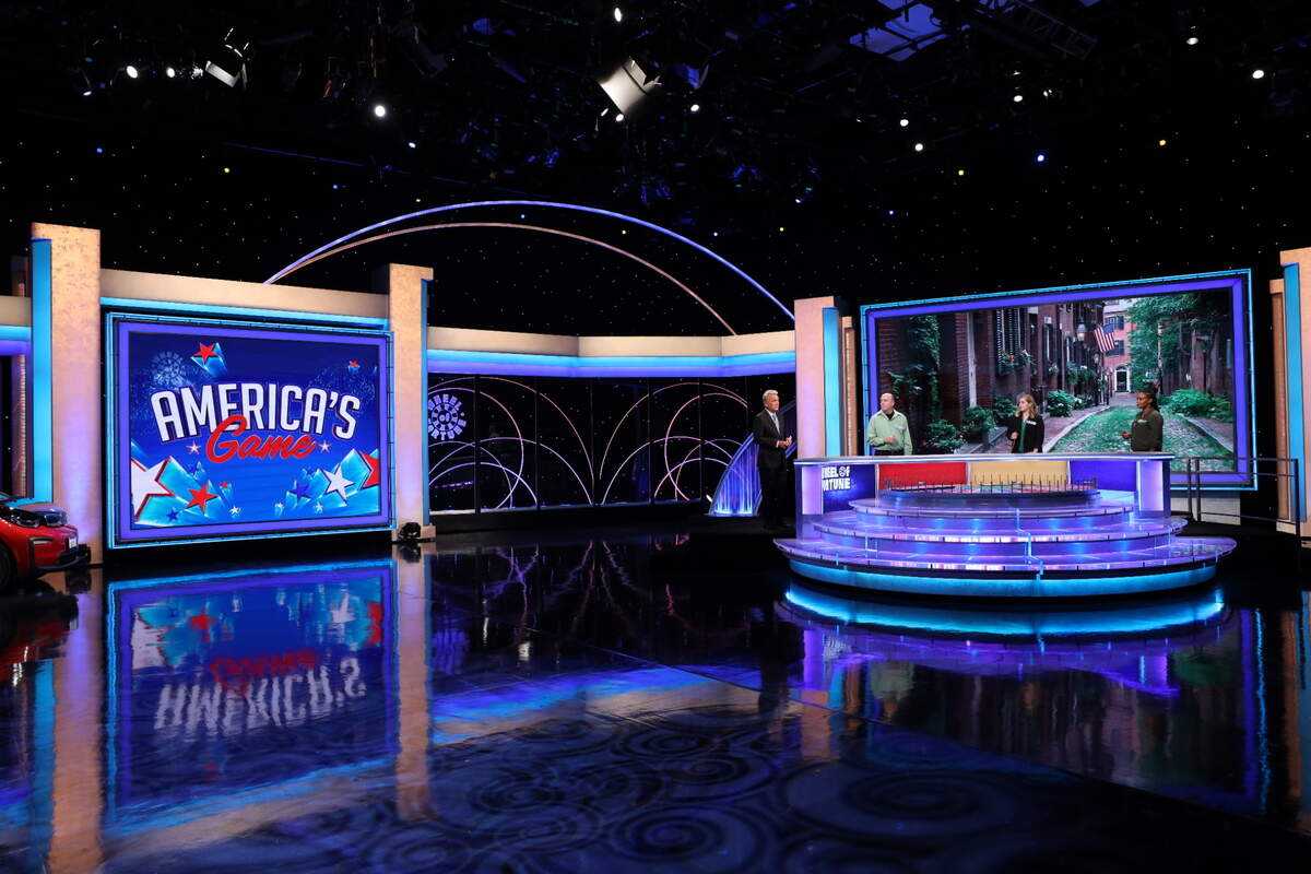 The set of “Wheel of Fortune” features a new curved monitor and a redesigned wheel with an extended platform that allows for six feet of space between host Pat Sajak and each of the contestants,