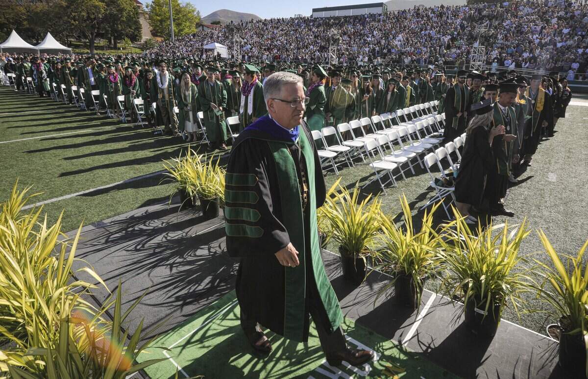 President Jeffrey Armstrong walks up to the platform. Cal Poly held the first of six graduation ceremonies at Spanos Stadium on June 13, 2026. The College of Agriculture, Food and Environmental Science held the first ceremony.