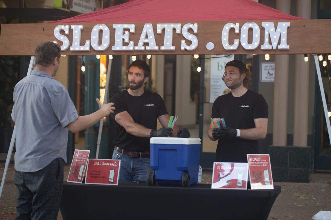 SLOeat’s co-founders Jonathan Allen and Alex Kavanaugh pass out Otter Pops to promote the app in downtown San Luis Obispo.