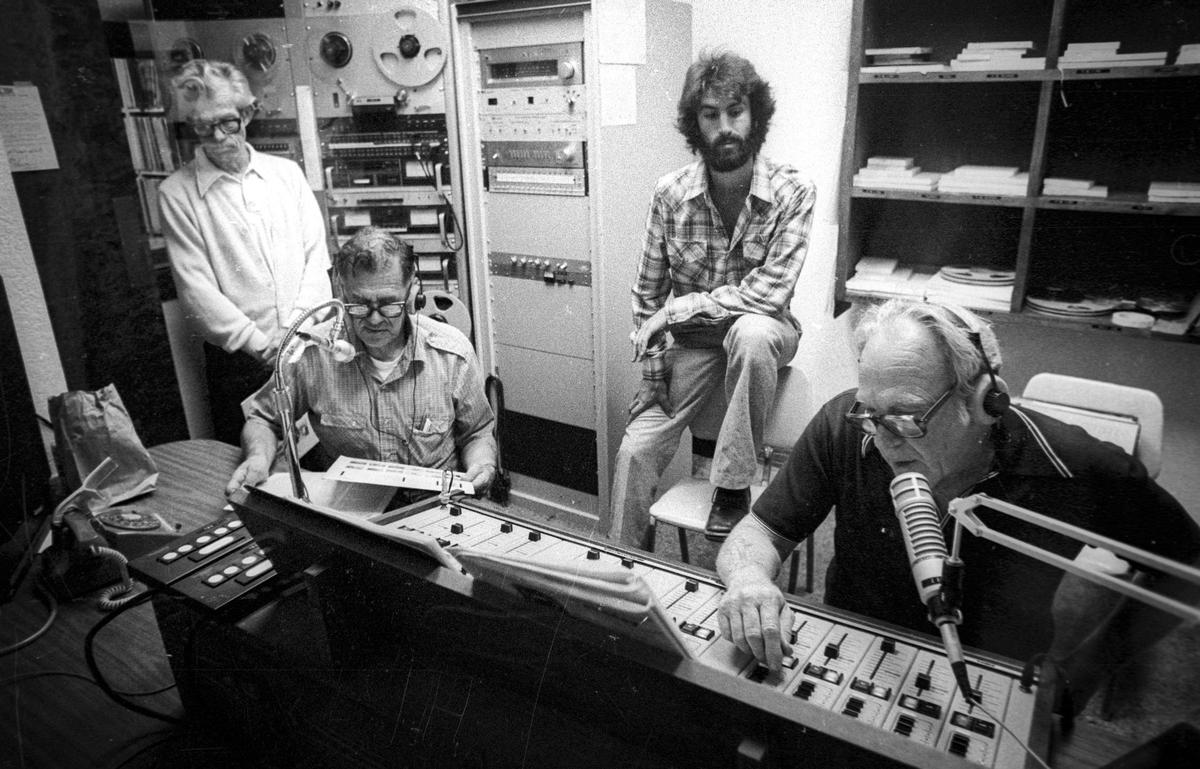KCBX-FM studios, Bearded Charlie Savoca trains “Big Band Show” members Bob Connolly, Al Davis and Jack Graham. This image is from Oct. 8, 1980.