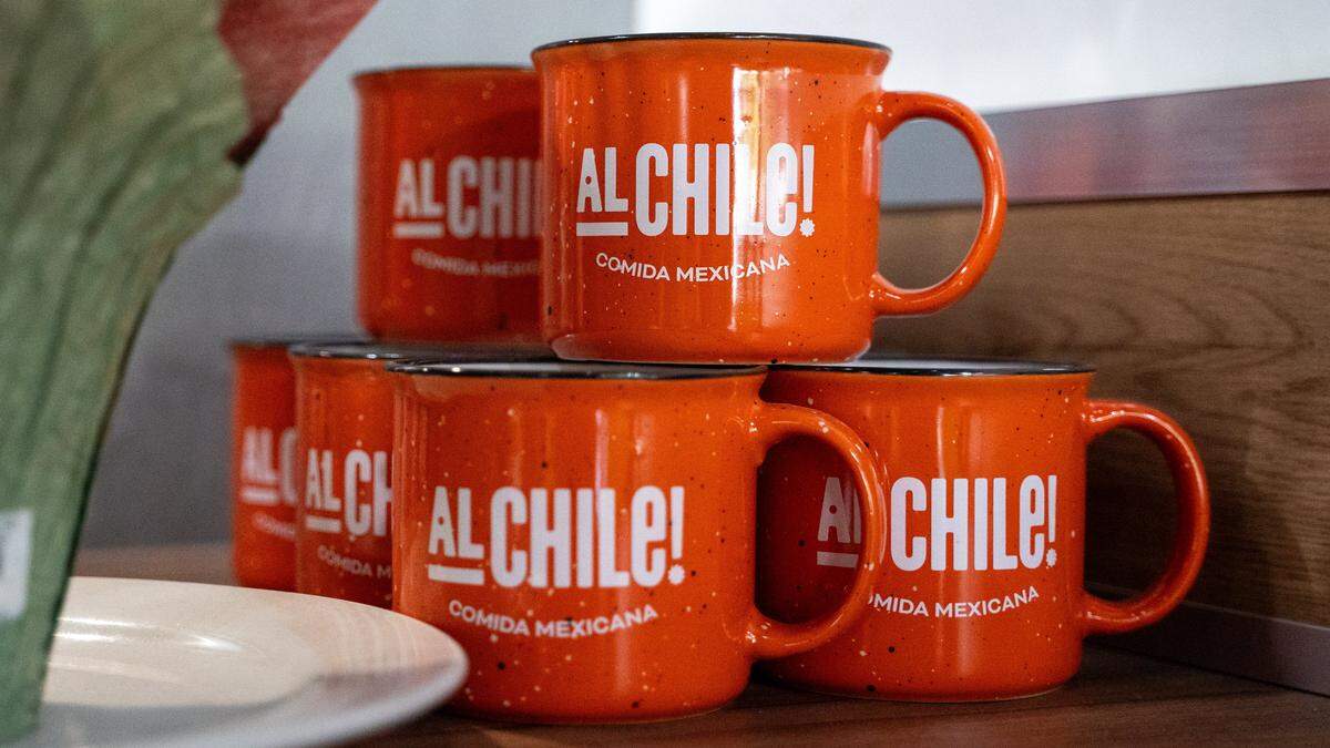 Mugs bearing Al Chile! branding at Al Chile! in Paso Robles on Thursday, March 19, 2026. The family-owned Mexican restaurant opened in November with a soft opening, serving family recipes like birria, menudo, enchiladas and tacos.