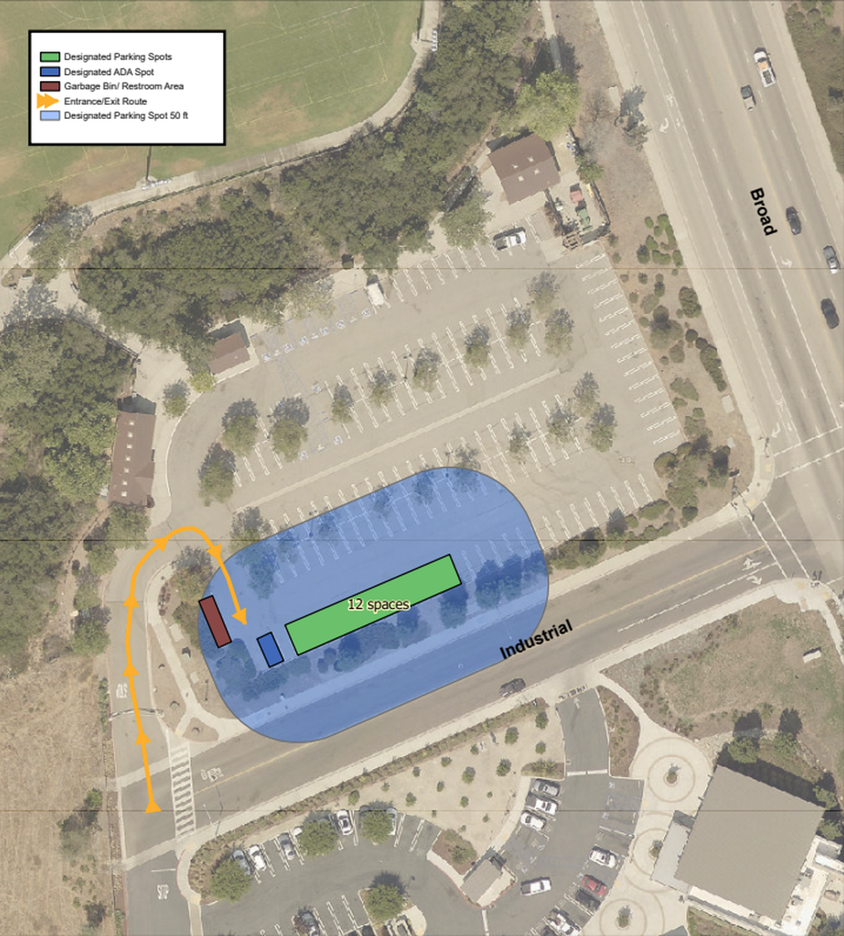The Damon Garcia Sports Field parking lot at 680 Industrial Way is proposed as a new site location for San Luis Obispo’s Rotating Overnight Safe Parking program. The latest version of the program would spread six 12-vehicle safe parking sites across San Luis Obispo.