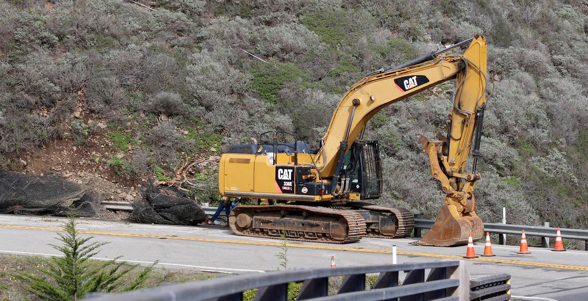Mesh was unable to contain a rock slide that slipped onto Highway 1 at Polar Star, about a mile south of Ragged Point, seen here on Jan. 5, 2023.