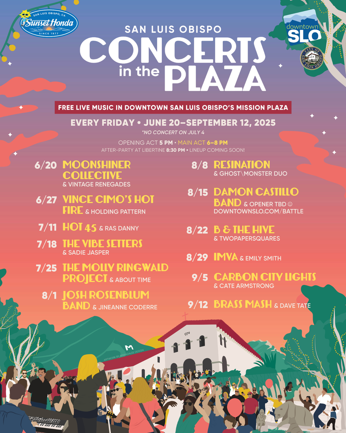 The 2025 summer Concerts in the Plaza series will bring free live music in&nbsp;SLO’s Mission Plaza&nbsp;at 989 Chorro St. nearly every Friday from June 20 to Sept. 12.