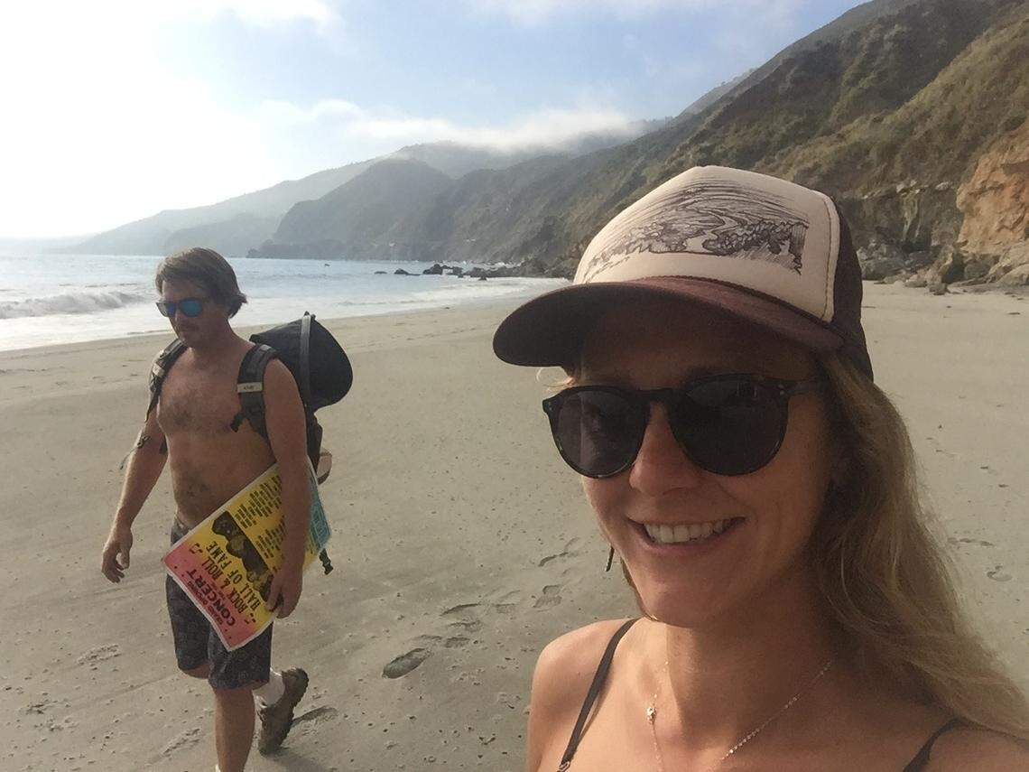 Chelsea Moore took this selfie of her and husband Chad Moore after they found the wreckage of Angela Hernandez's Jeep and just before they found Hernandez. Chad is carrying a poster they found in the vehicle.