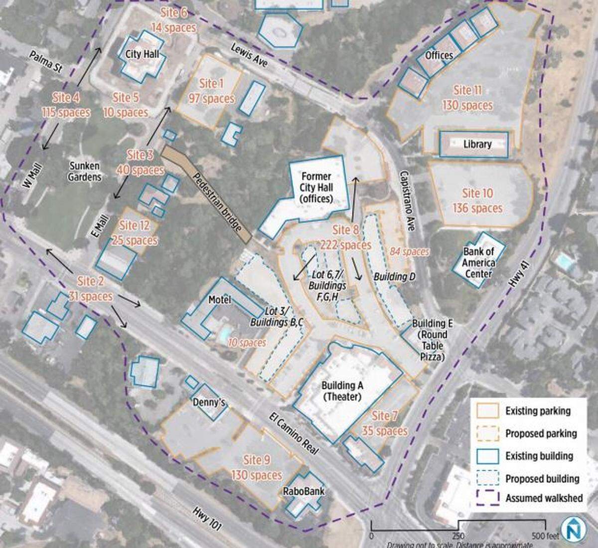 A map showing existing and proposed building near downtown Atascadero, along with parking.
