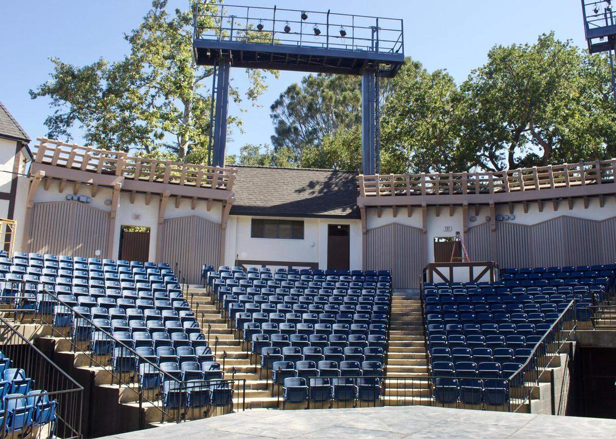 Most of the renovations and additions to the Solvang Theaterfest can be seen looking out from the stage: new seating, taller walls, acoustic improvements, new steel lighting columns, and a new sound booth in the audience.