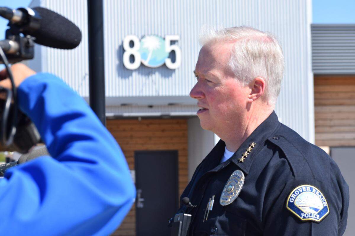 Grover Beach Police Chief John Peters in front of 805 Beach Breaks on Thursday morning. The cannabis shop was the target of a law enforcement investigation.