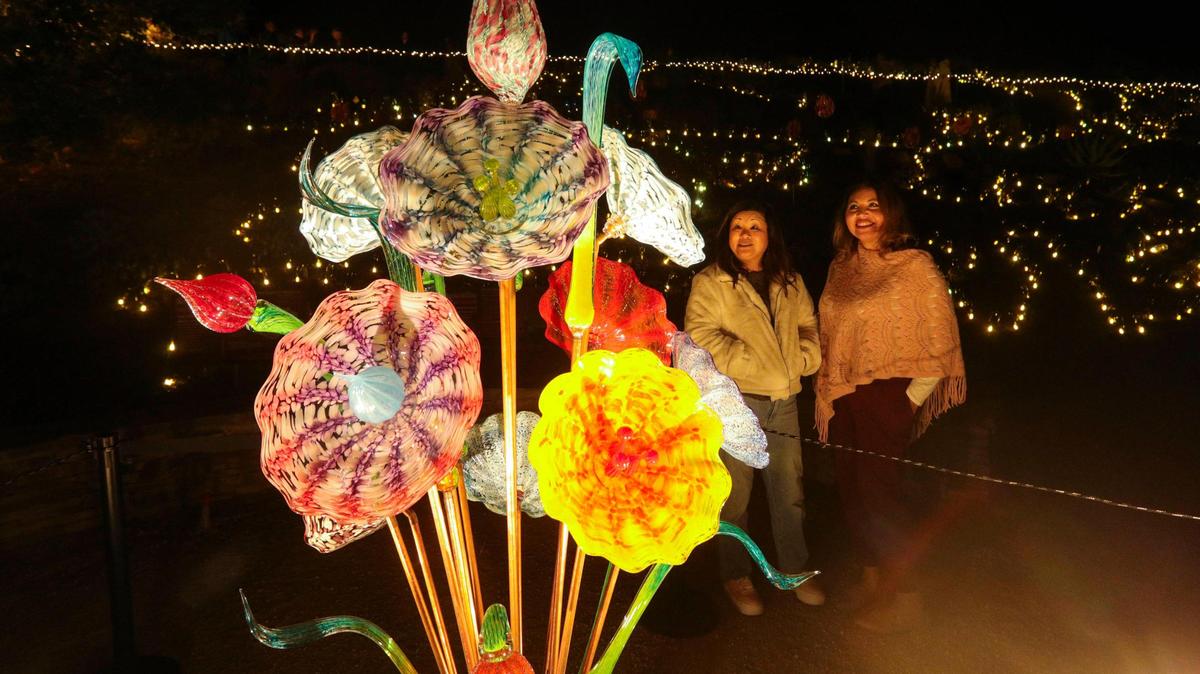 Lisa Adams, left, and Rachelle Ramirez admire a work of blown glass from Viscosity Studio at the San Luis Obispo Botanical Garden, which is hosting Nature Nights on weekends through Dec. 31, 2023.