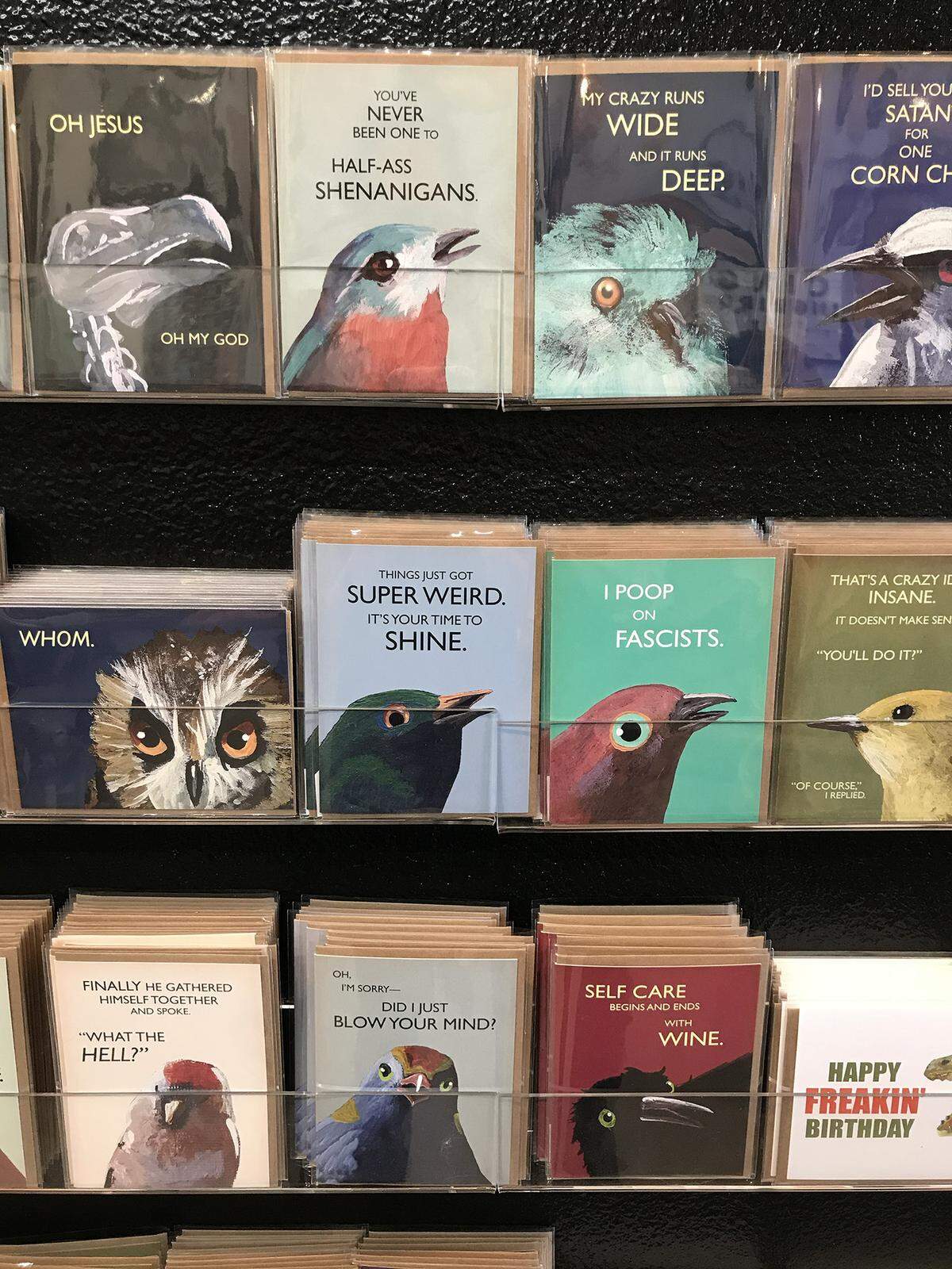 These are just some of the offbeat greeting cards created by Matt Adrian and Kim Bagwill, the married co-owners of The Mincing Mockingbird in Cambria.
