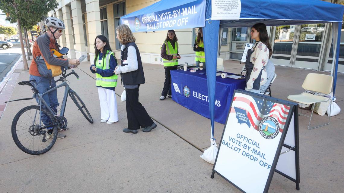 John Merriam drops off a ballot to poll workers Karen Lun, center, and Meredith Whitcher. Ballots were being collected at the San Luis Obispo Clerk-Recorder’s office at the Katcho Achadjian Government Center during the Super Tuesday election on March 5, 2024.