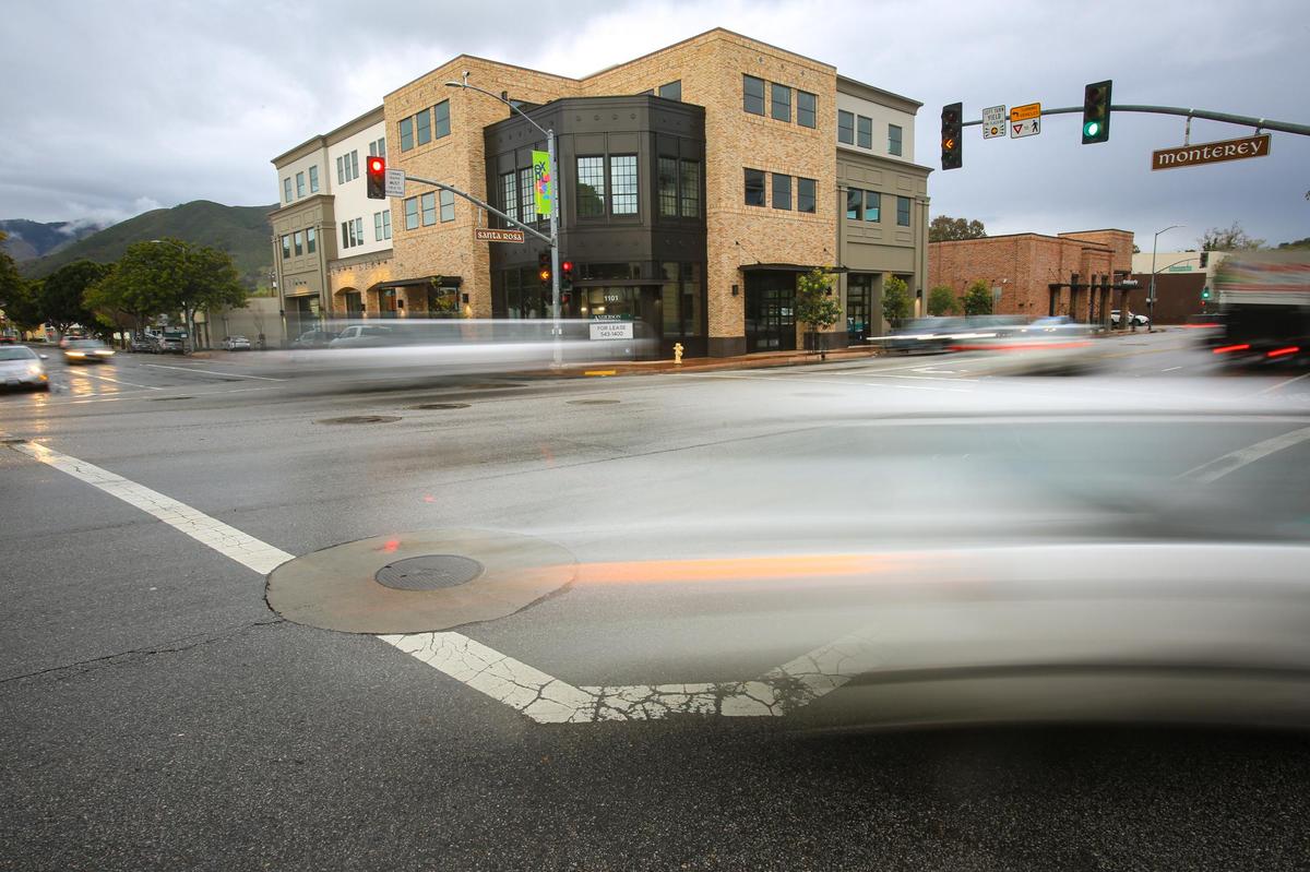 The intersection of Monterey and Santa Rosa streets is one of the busiest in town. Almost a year after a stay-at-home order due to coronavirus turned San Luis Obispo into a ghost town, things were more lively on March 11, 2021, than they were on March 19, 2020.