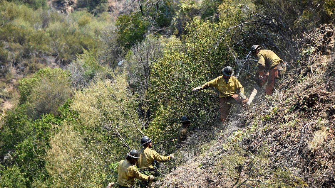 Firefighters work in steep terrain to build fuel breaks around the Willow Fire in the Los Padres National Forest in Monterey County.