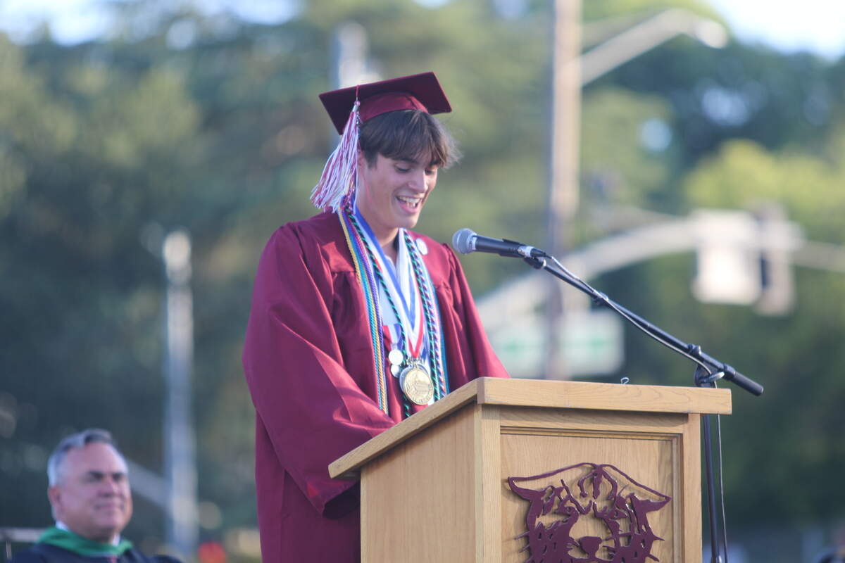 Paso Robles High School valedictorian Kingston Anguiano addresses the crowd at a commencement ceremony on June 5, 2026. Anguiano was one of 414 graduates, and is headed to UCLA in the fall.